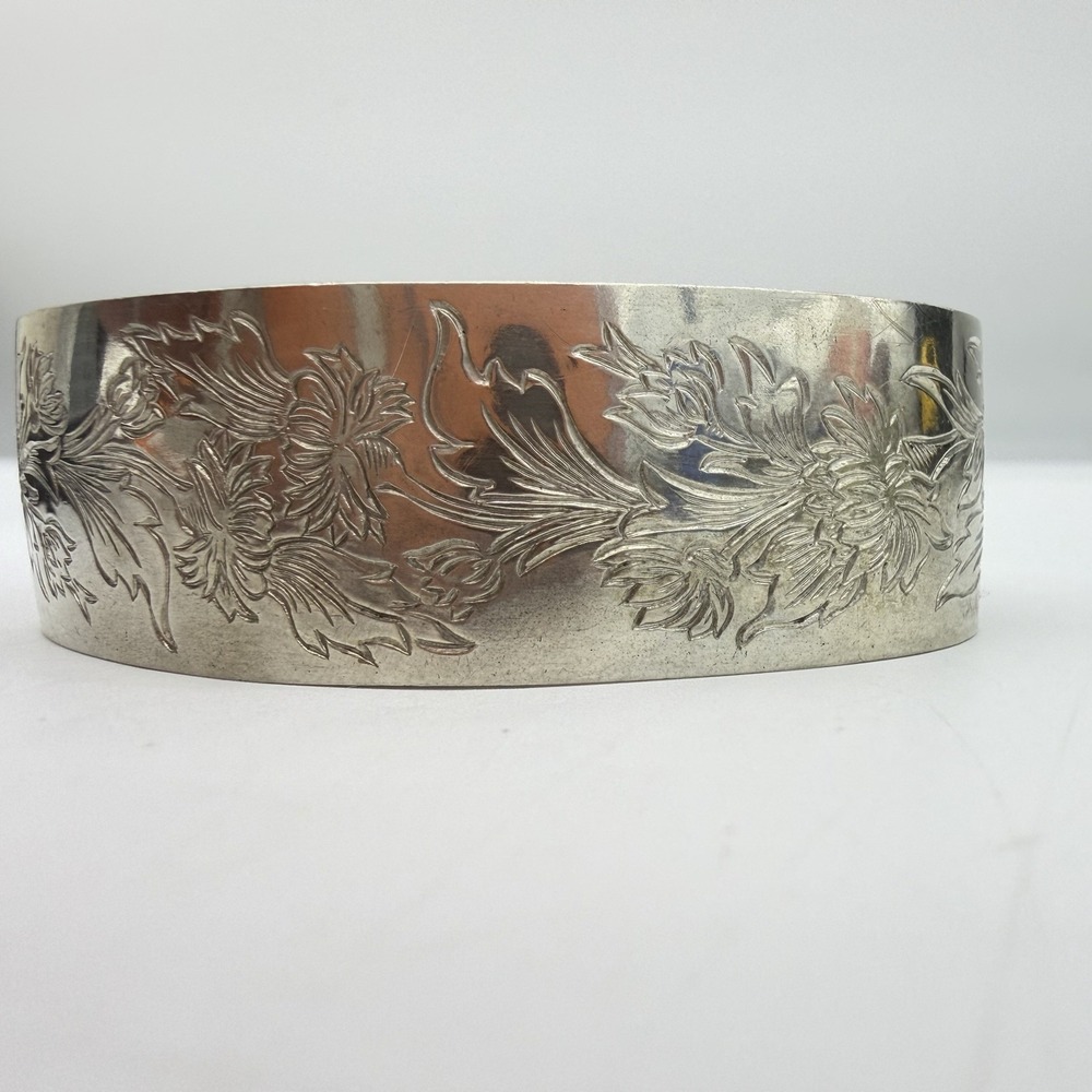 VNTG Kirk Stieff‎  Chrysanthemum Etched Pewter Cuff Bracelet 43 Gram Sz 7.5